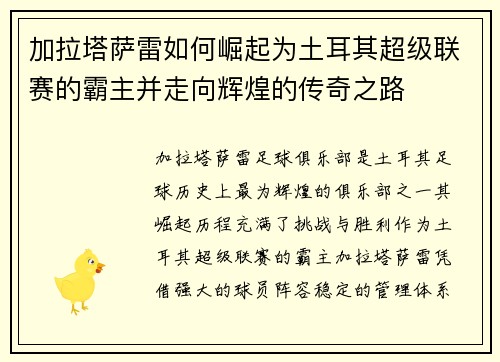 加拉塔萨雷如何崛起为土耳其超级联赛的霸主并走向辉煌的传奇之路